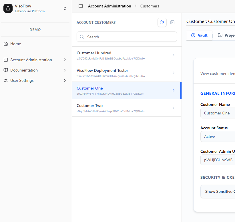 VisoFlow Command Center: Account Administration showing a searchable customer list and a customer detail panel with account status and credentials