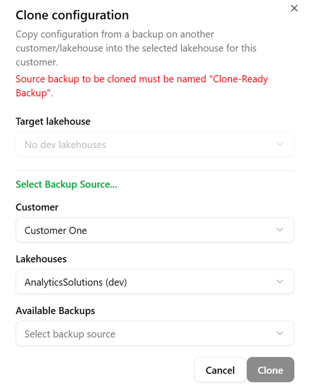 Clone configuration screen used to stand up a new customer environment from a template